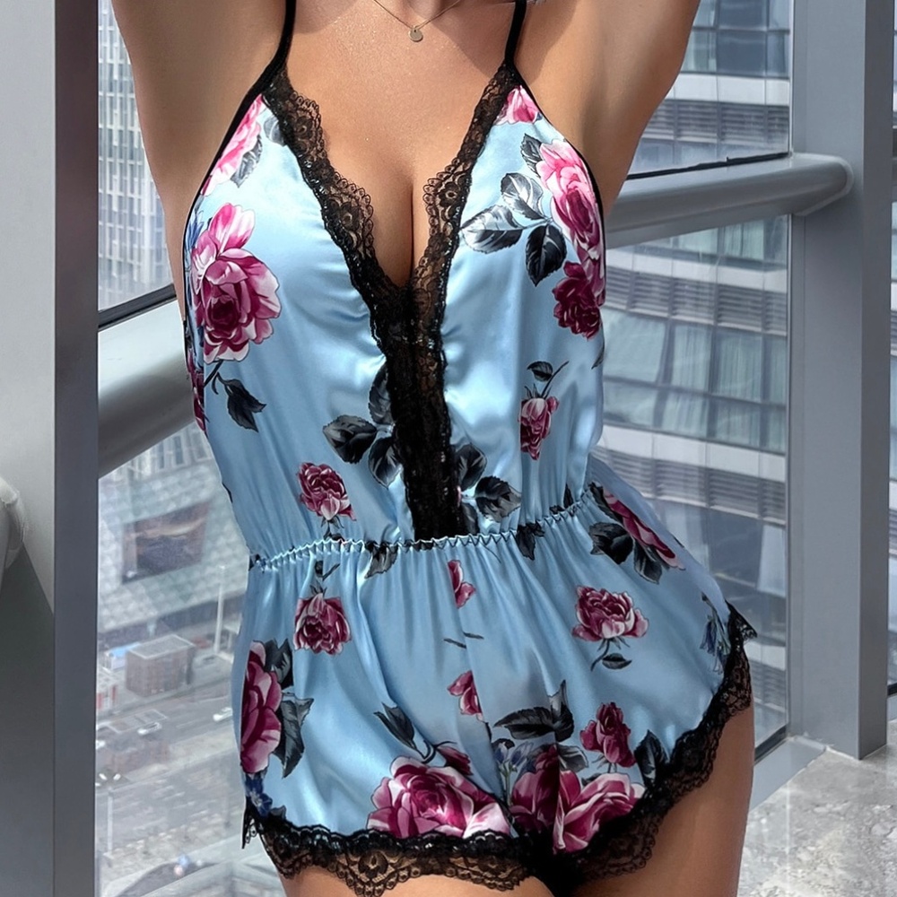 Floral Print Lace Trim Crisscross Back Satin Cami Lounge Romper
